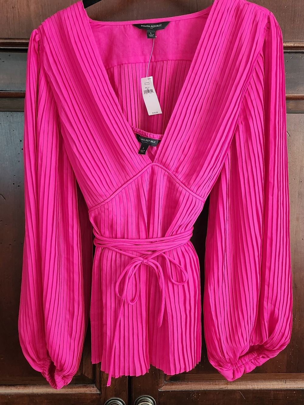 Banana Republic Hot Pink Pleated Chiffon V-Neck Wrap Blouse, L, NWT